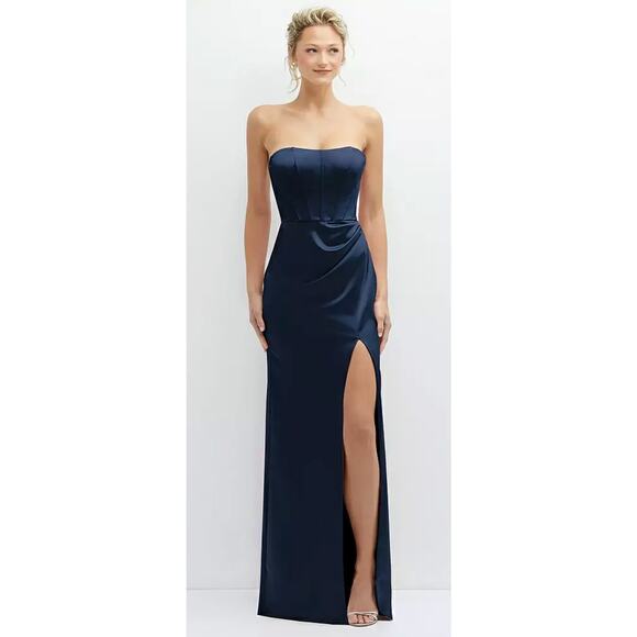 After Six NWT Midnight Blue Satin Corset Strapless Charmeuse Dress Maxi Formal 6 - Picture 1 of 9